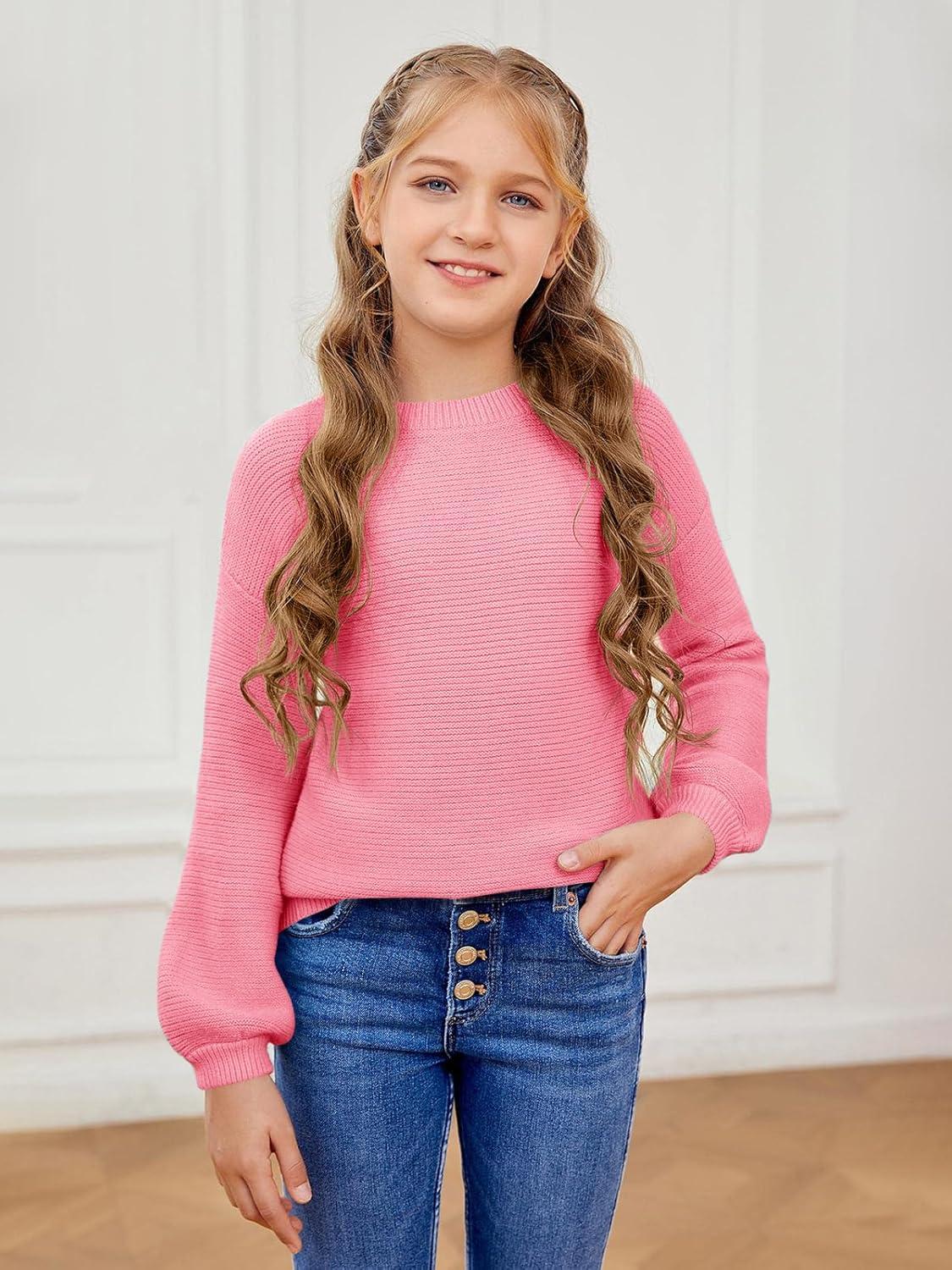 imageGirls Pullover Sweaters Kids Long Sleeve Drop Shoulder Sweaters Casual Boat Neck Knit Jumper TopsBright Pink
