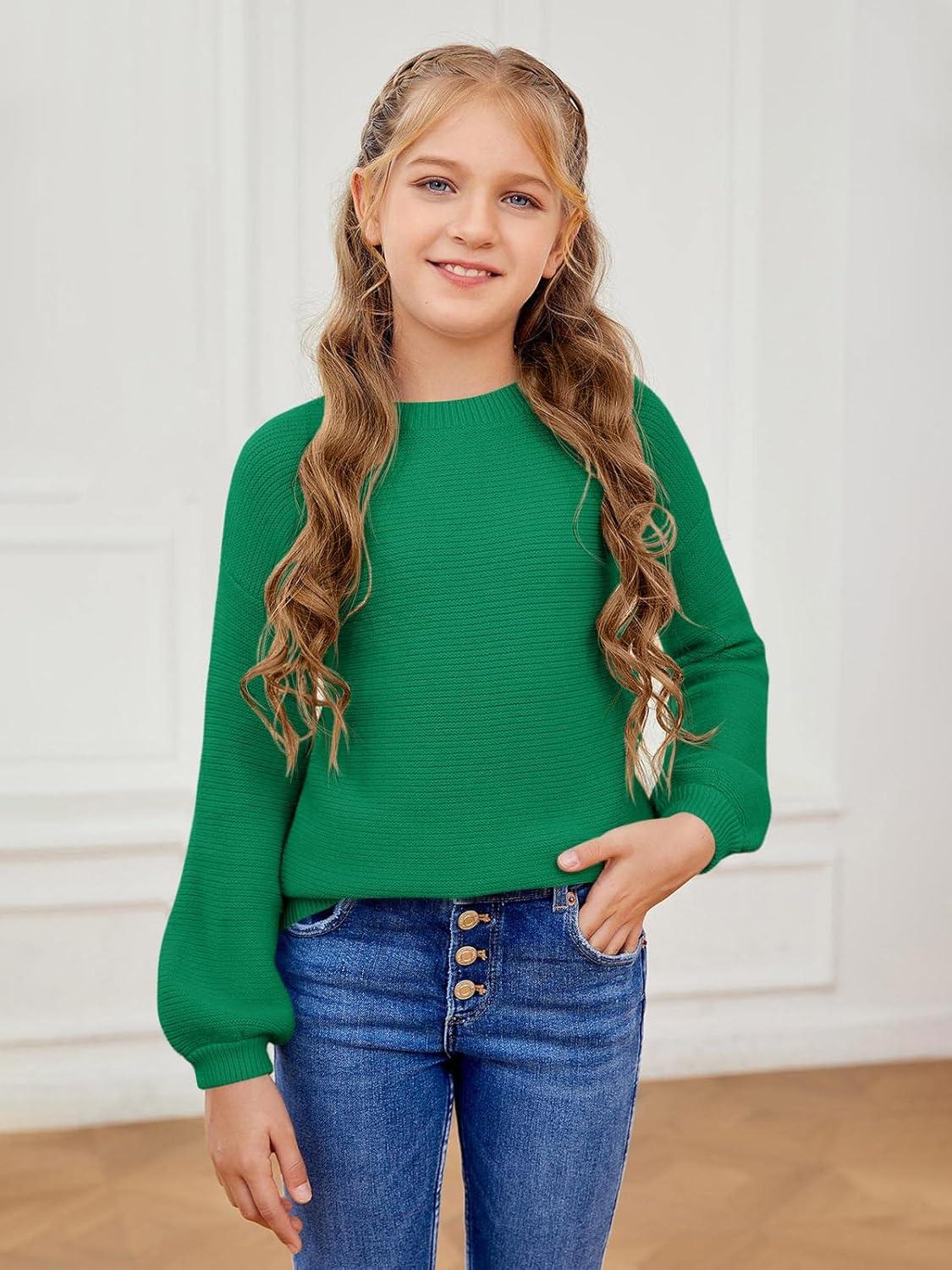 imageGirls Pullover Sweaters Kids Long Sleeve Drop Shoulder Sweaters Casual Boat Neck Knit Jumper TopsDark Green