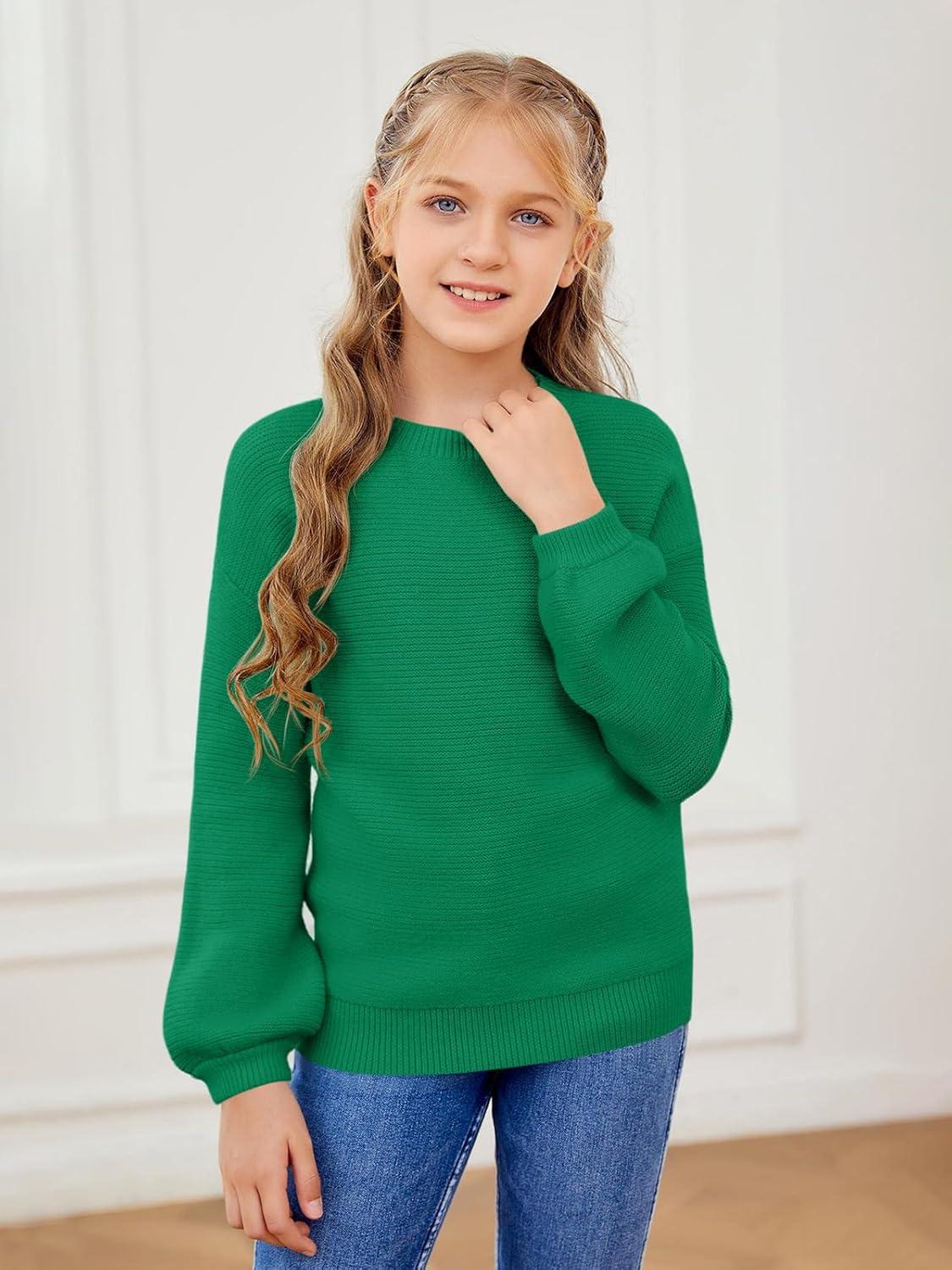 imageGirls Pullover Sweaters Kids Long Sleeve Drop Shoulder Sweaters Casual Boat Neck Knit Jumper TopsDark Green