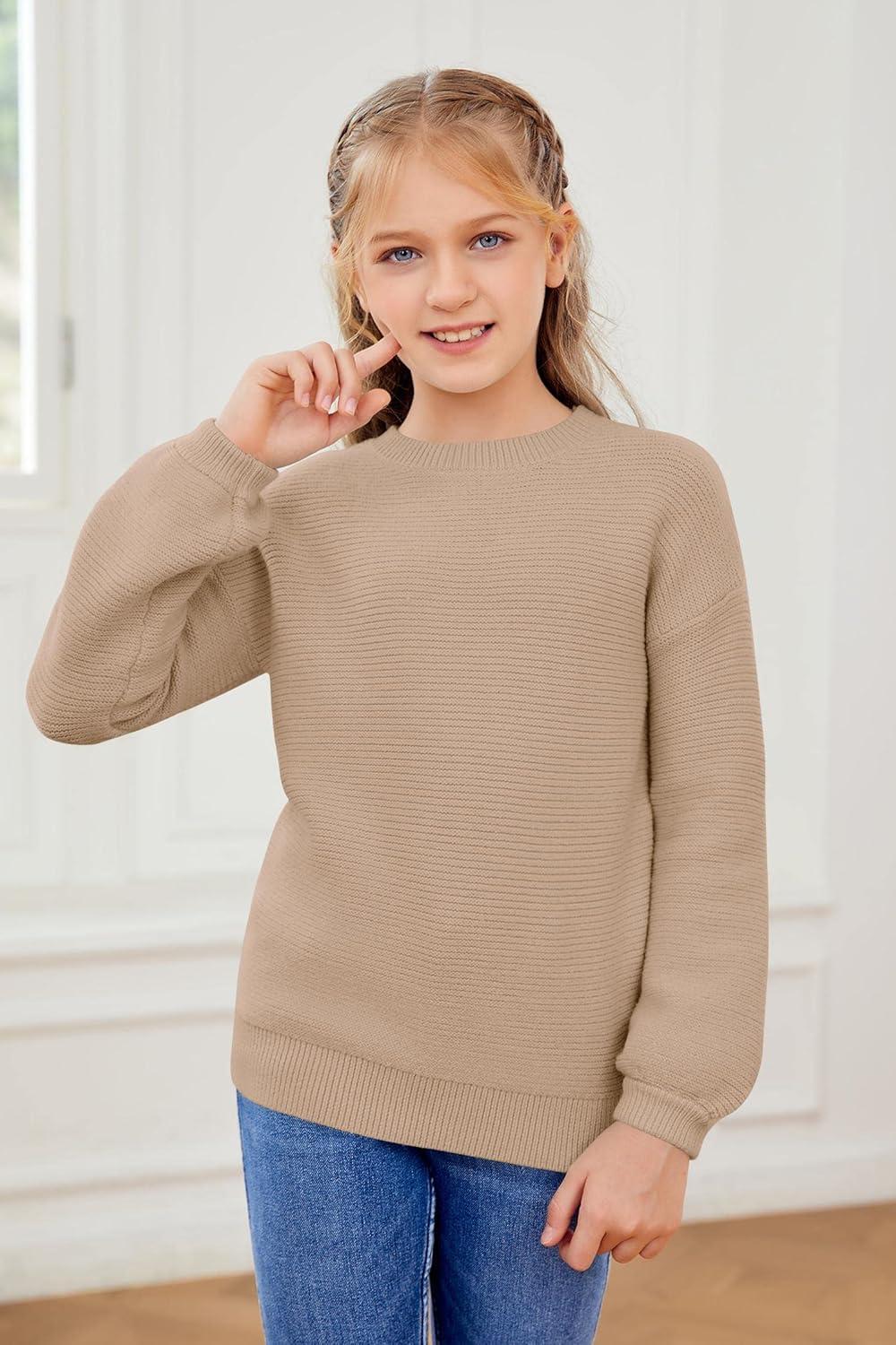 imageGirls Pullover Sweaters Kids Long Sleeve Drop Shoulder Sweaters Casual Boat Neck Knit Jumper TopsKhaki