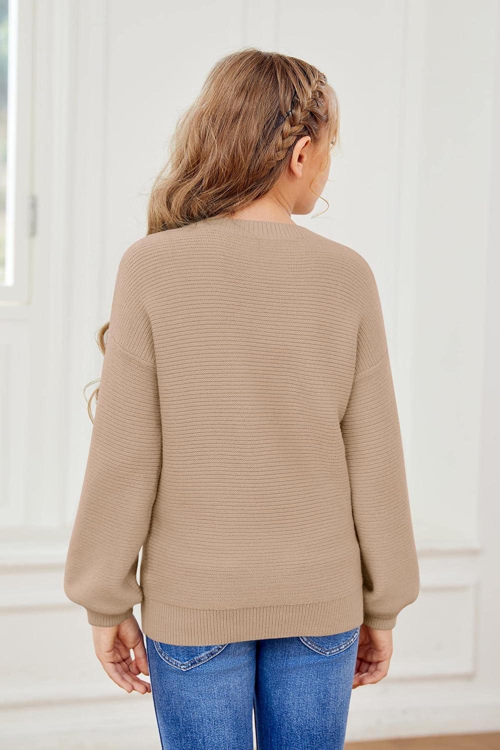 imageGirls Pullover Sweaters Kids Long Sleeve Drop Shoulder Sweaters Casual Boat Neck Knit Jumper TopsKhaki