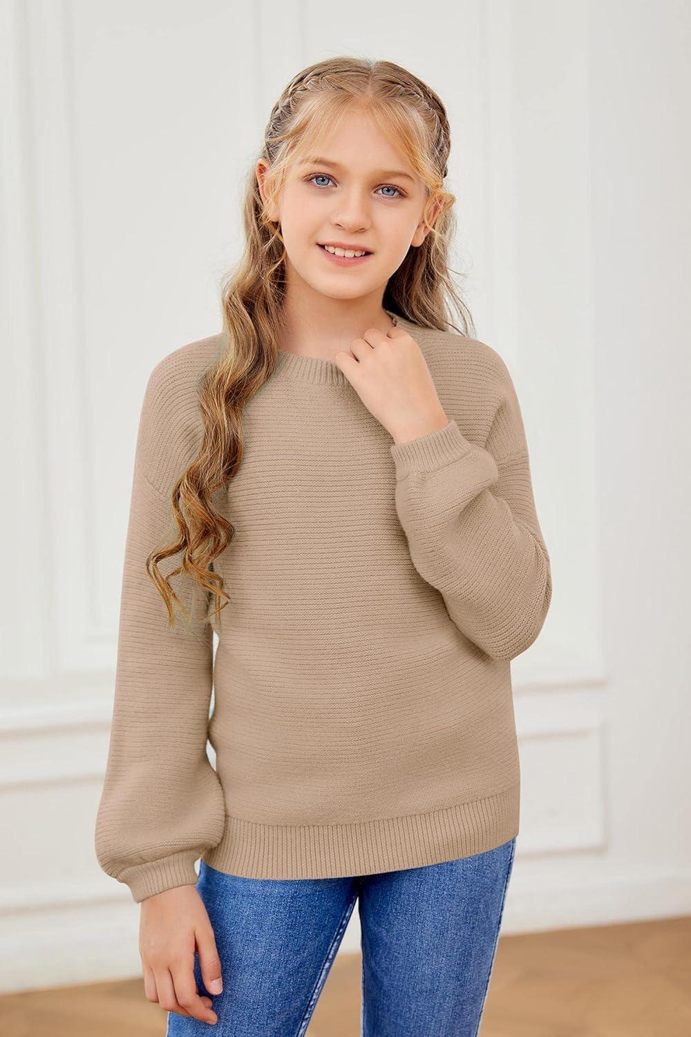 imageGirls Pullover Sweaters Kids Long Sleeve Drop Shoulder Sweaters Casual Boat Neck Knit Jumper TopsKhaki