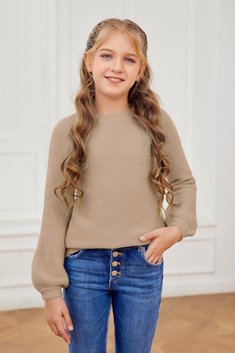 imageGirls Pullover Sweaters Kids Long Sleeve Drop Shoulder Sweaters Casual Boat Neck Knit Jumper TopsKhaki