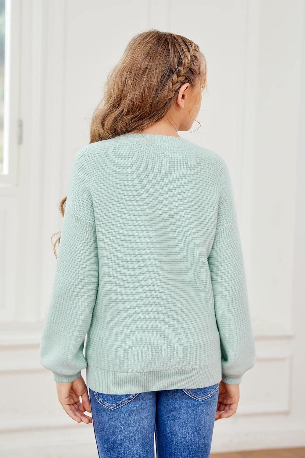 imageGirls Pullover Sweaters Kids Long Sleeve Drop Shoulder Sweaters Casual Boat Neck Knit Jumper TopsMint Green