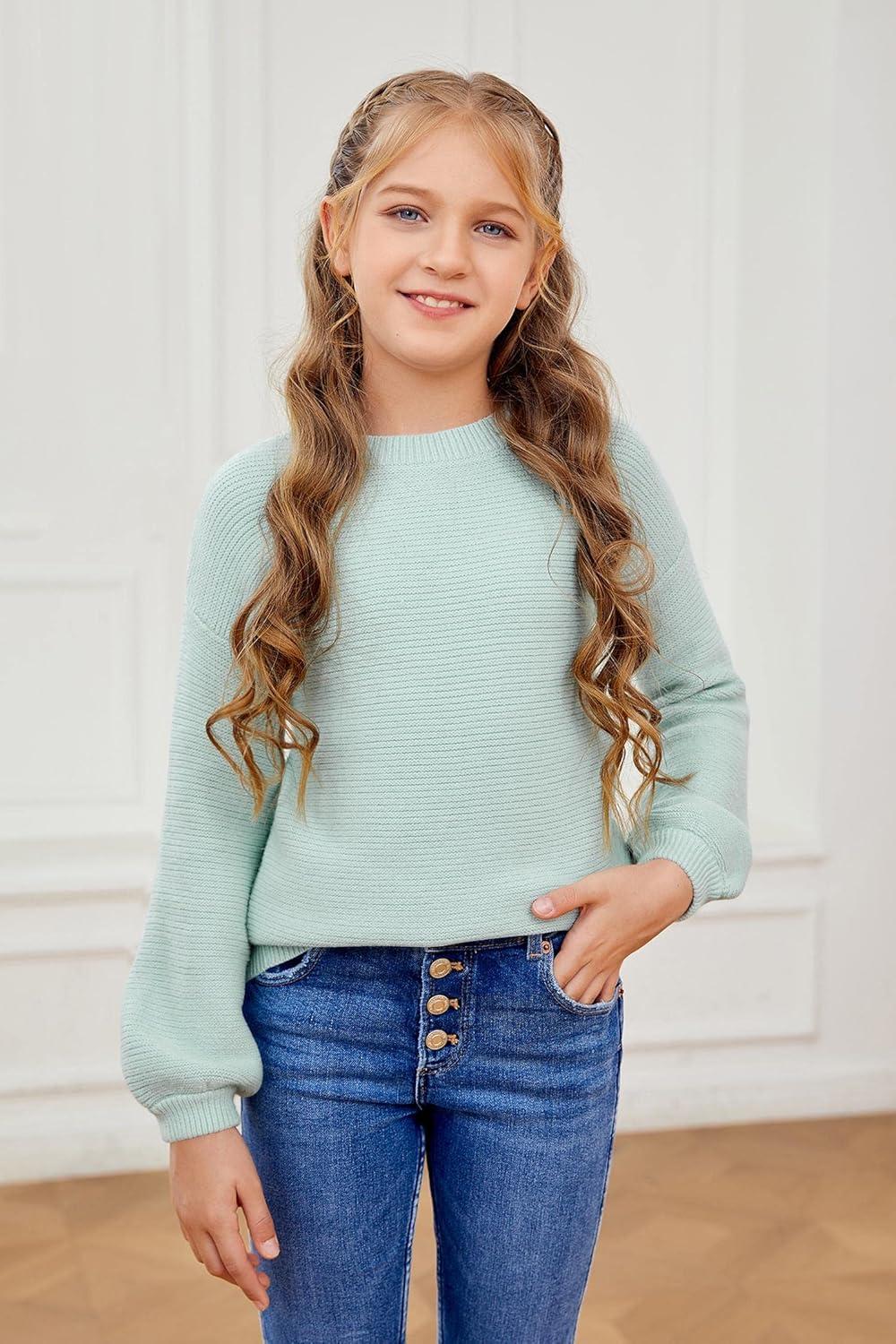 imageGirls Pullover Sweaters Kids Long Sleeve Drop Shoulder Sweaters Casual Boat Neck Knit Jumper TopsMint Green