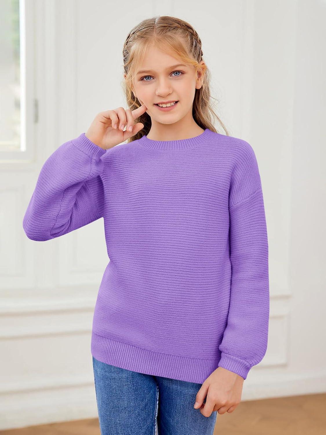 imageGirls Pullover Sweaters Kids Long Sleeve Drop Shoulder Sweaters Casual Boat Neck Knit Jumper TopsPurple