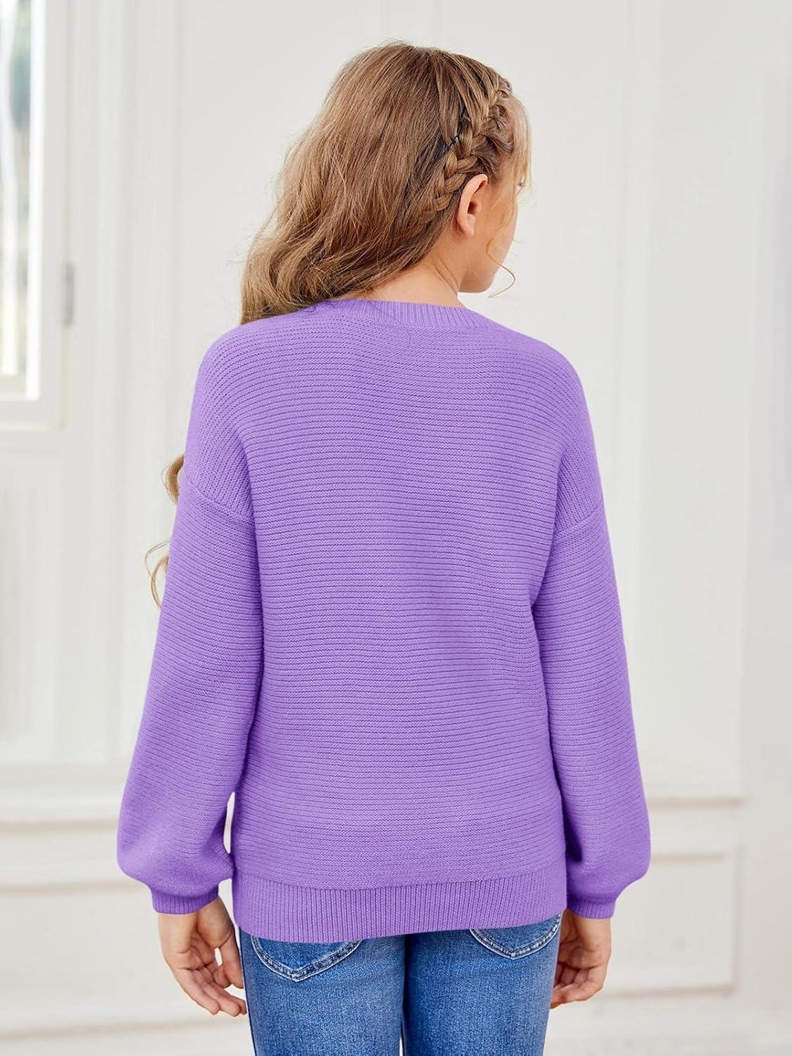 imageGirls Pullover Sweaters Kids Long Sleeve Drop Shoulder Sweaters Casual Boat Neck Knit Jumper TopsPurple