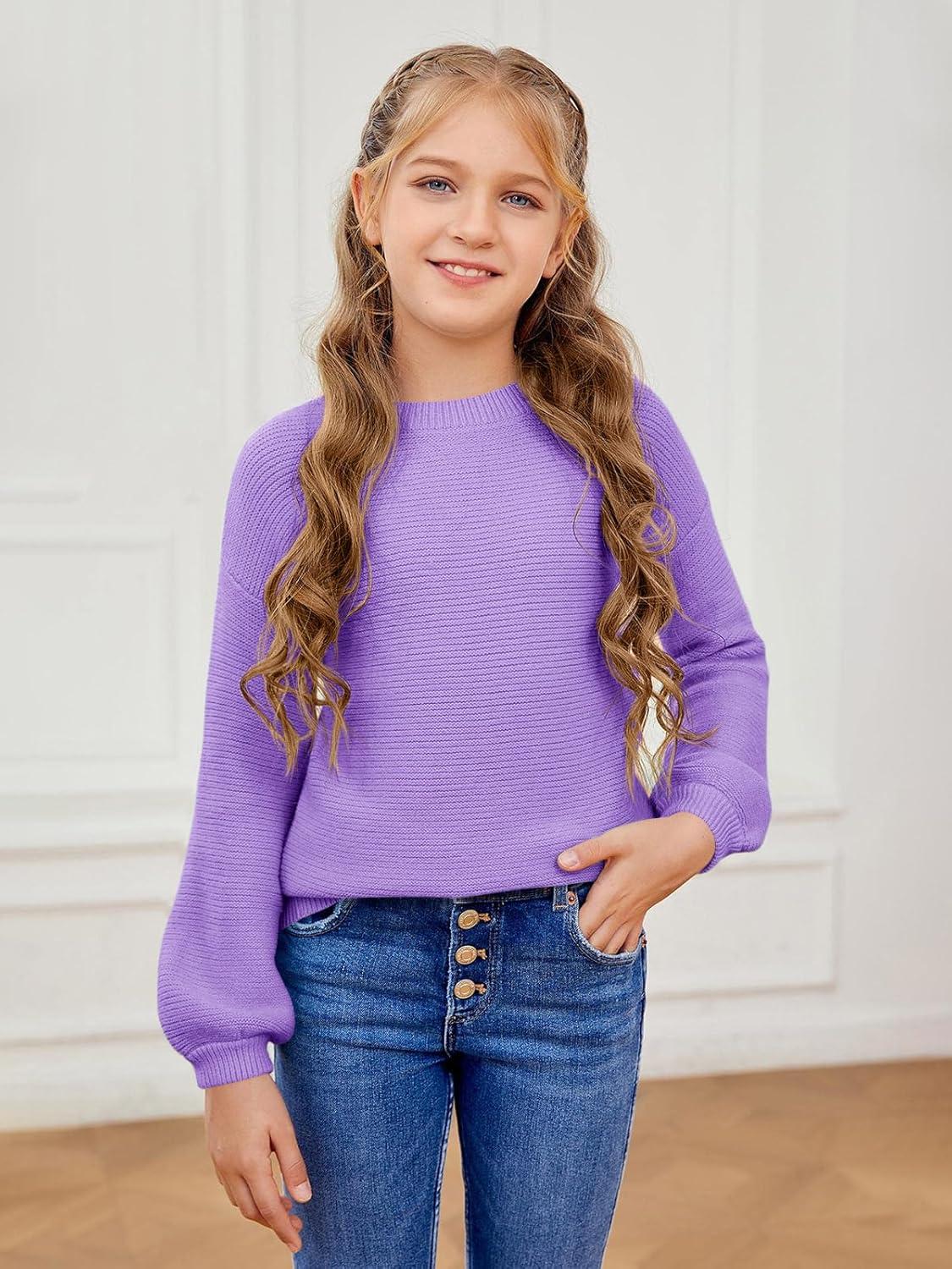 imageGirls Pullover Sweaters Kids Long Sleeve Drop Shoulder Sweaters Casual Boat Neck Knit Jumper TopsPurple