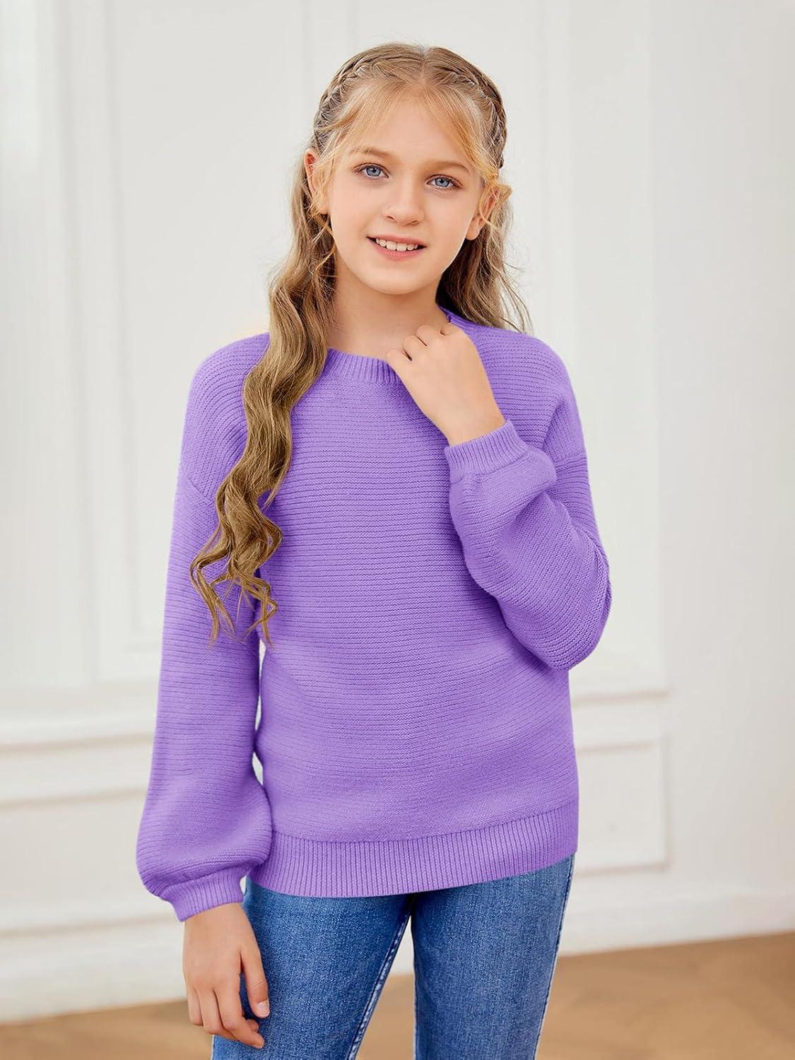 imageGirls Pullover Sweaters Kids Long Sleeve Drop Shoulder Sweaters Casual Boat Neck Knit Jumper TopsPurple
