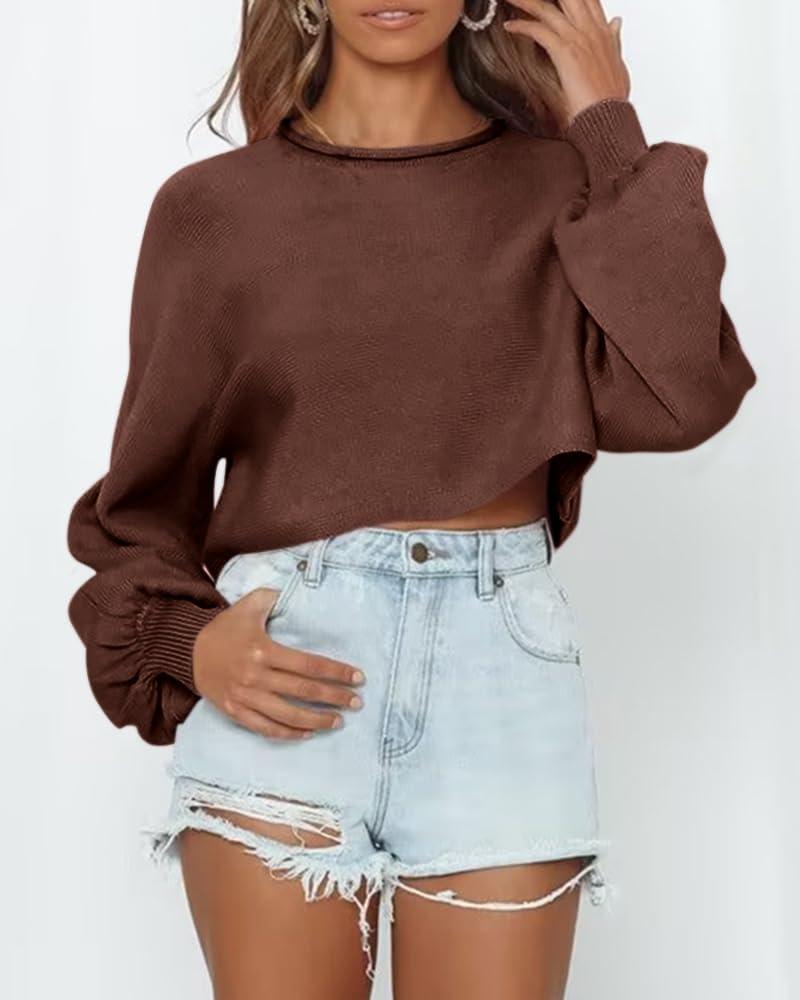 imageImily Bela Cropped Sweaters for Women Lantern Long Sleeve Crop Top Slouchy Trendy Loose Crewneck Pullover SweaterBrown