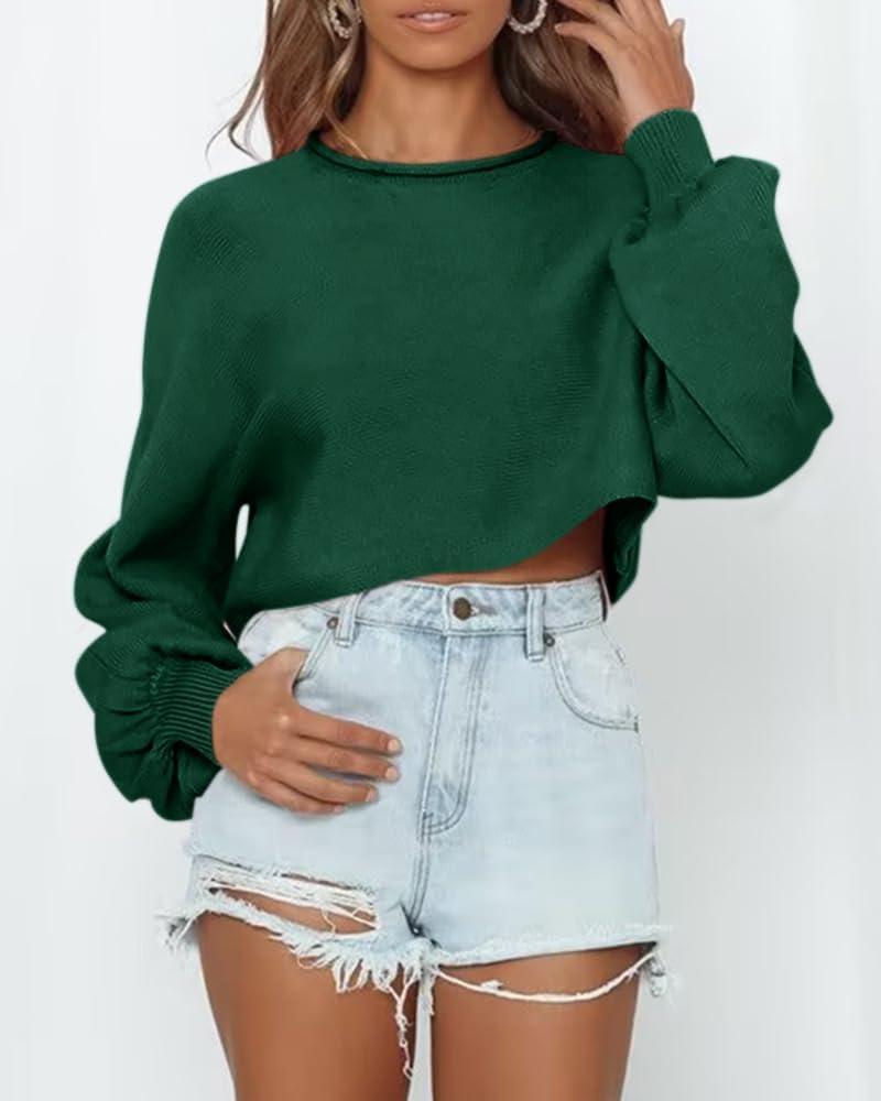 imageImily Bela Cropped Sweaters for Women Lantern Long Sleeve Crop Top Slouchy Trendy Loose Crewneck Pullover SweaterGreen