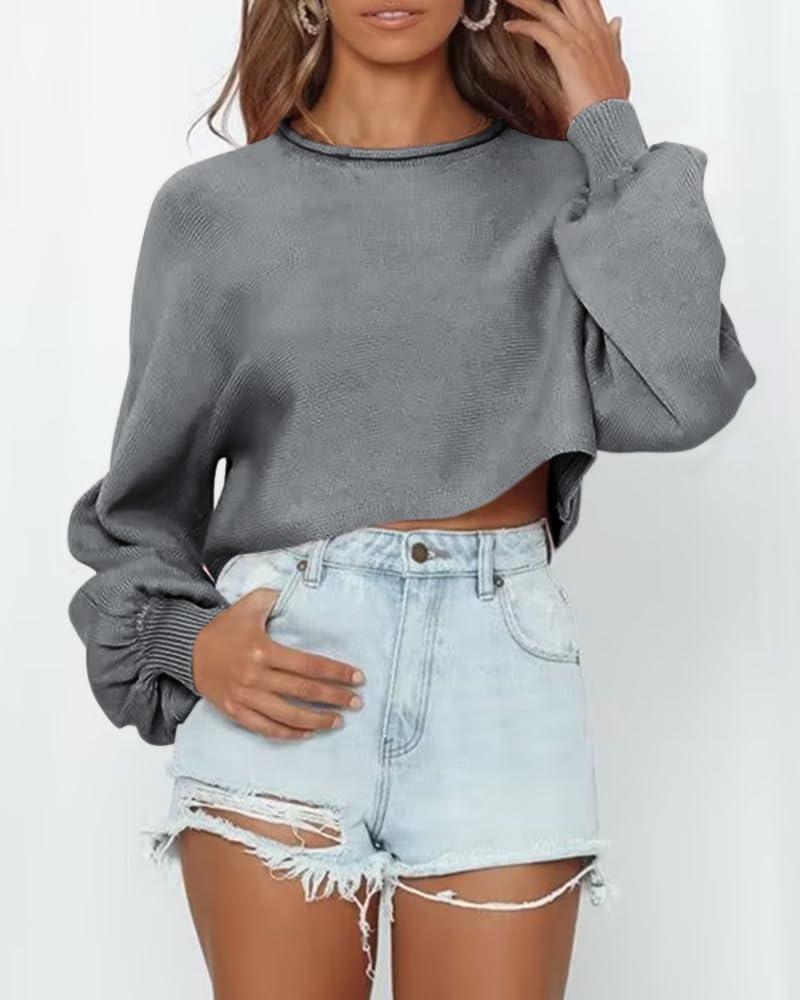 imageImily Bela Cropped Sweaters for Women Lantern Long Sleeve Crop Top Slouchy Trendy Loose Crewneck Pullover SweaterGrey