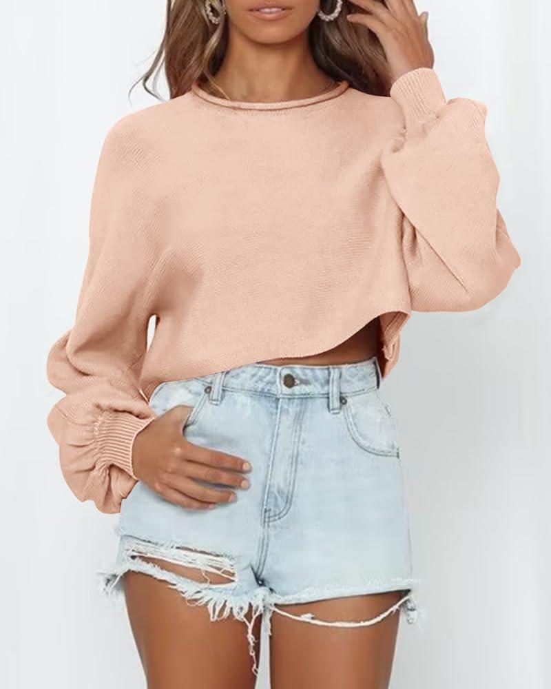 imageImily Bela Cropped Sweaters for Women Lantern Long Sleeve Crop Top Slouchy Trendy Loose Crewneck Pullover SweaterKhaki