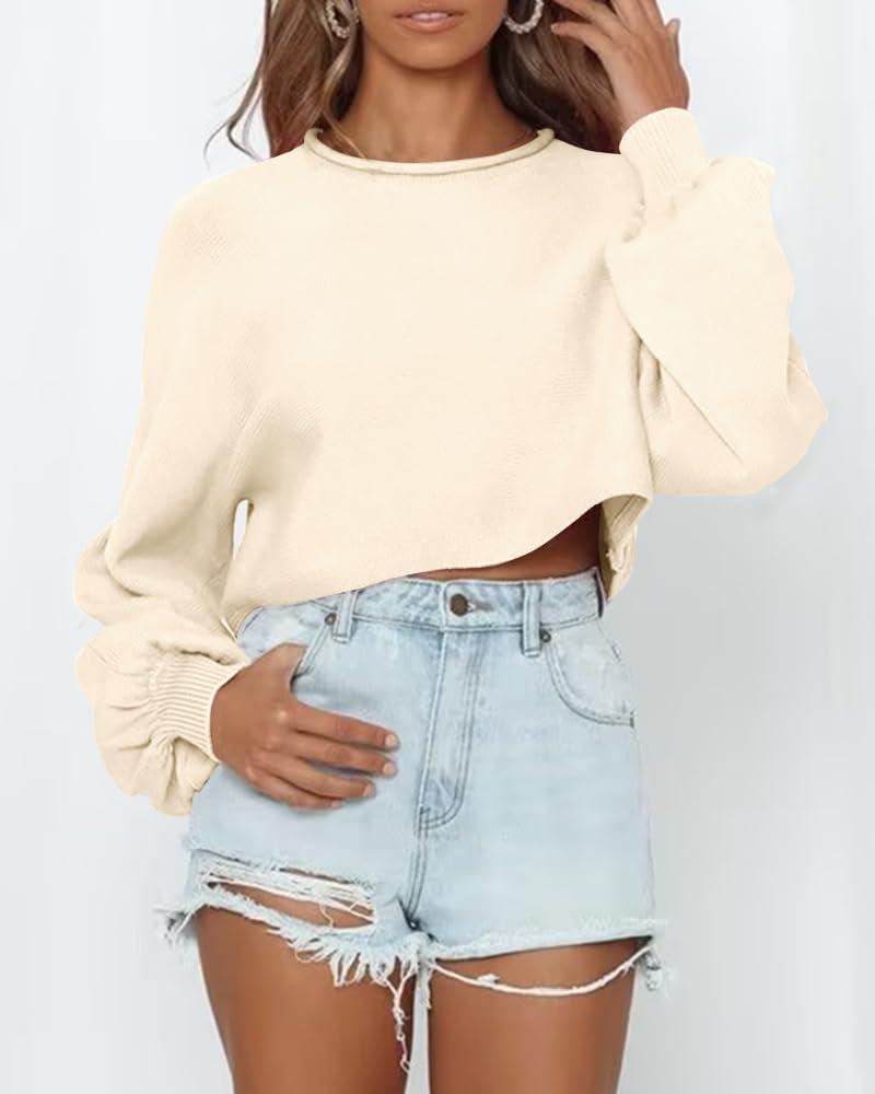 imageImily Bela Cropped Sweaters for Women Lantern Long Sleeve Crop Top Slouchy Trendy Loose Crewneck Pullover SweaterOffwhite