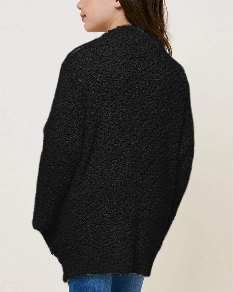 imageImily Bela Girls Cardigan Open Front Popcorn Knit Long Sleeve Sweaters Coat with PocketsBlack