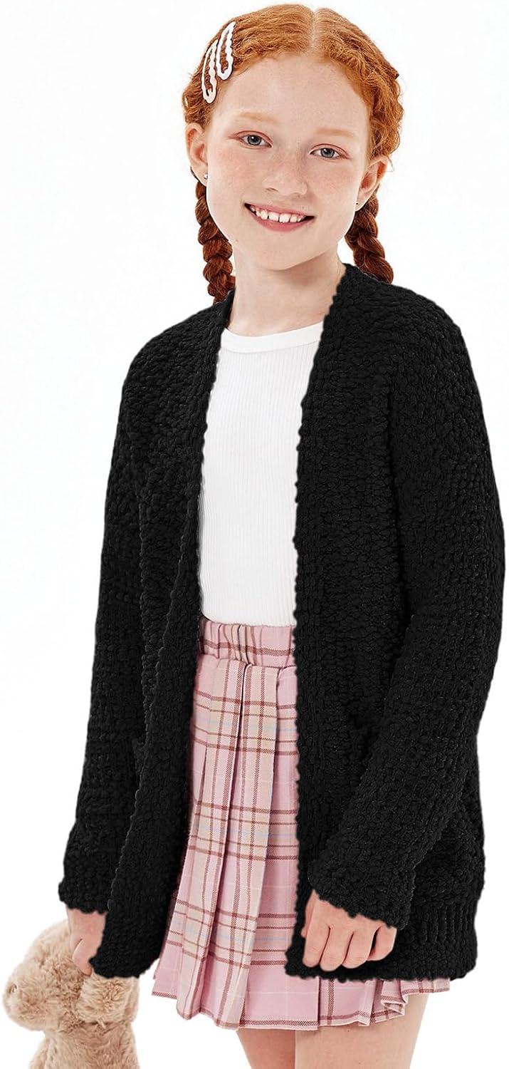 imageImily Bela Girls Cardigan Open Front Popcorn Knit Long Sleeve Sweaters Coat with PocketsBlack