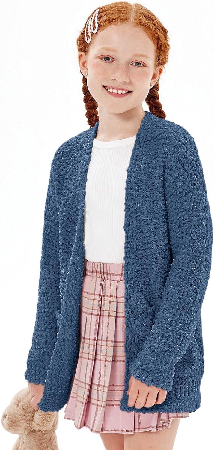 imageImily Bela Girls Cardigan Open Front Popcorn Knit Long Sleeve Sweaters Coat with PocketsBlue
