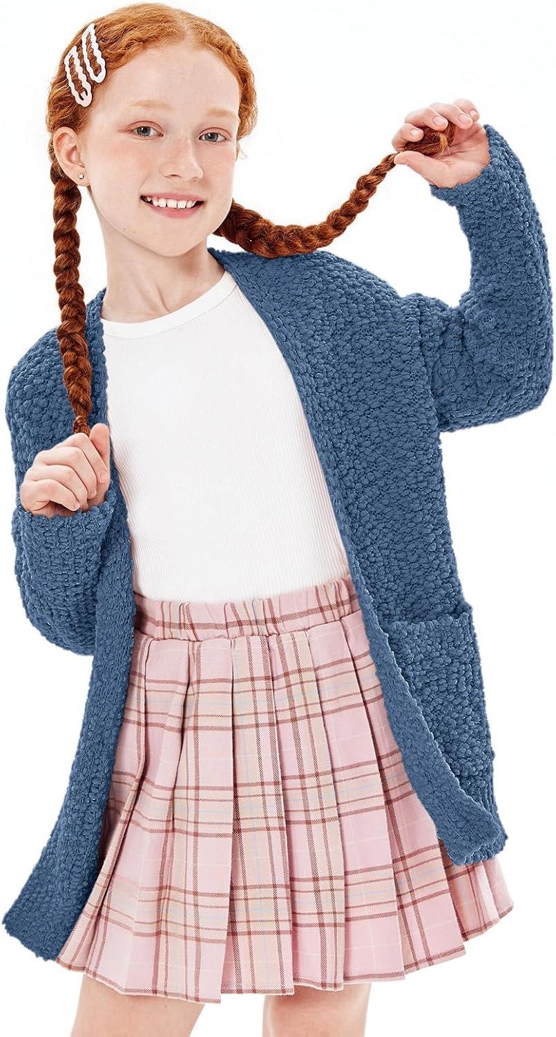 imageImily Bela Girls Cardigan Open Front Popcorn Knit Long Sleeve Sweaters Coat with PocketsBlue