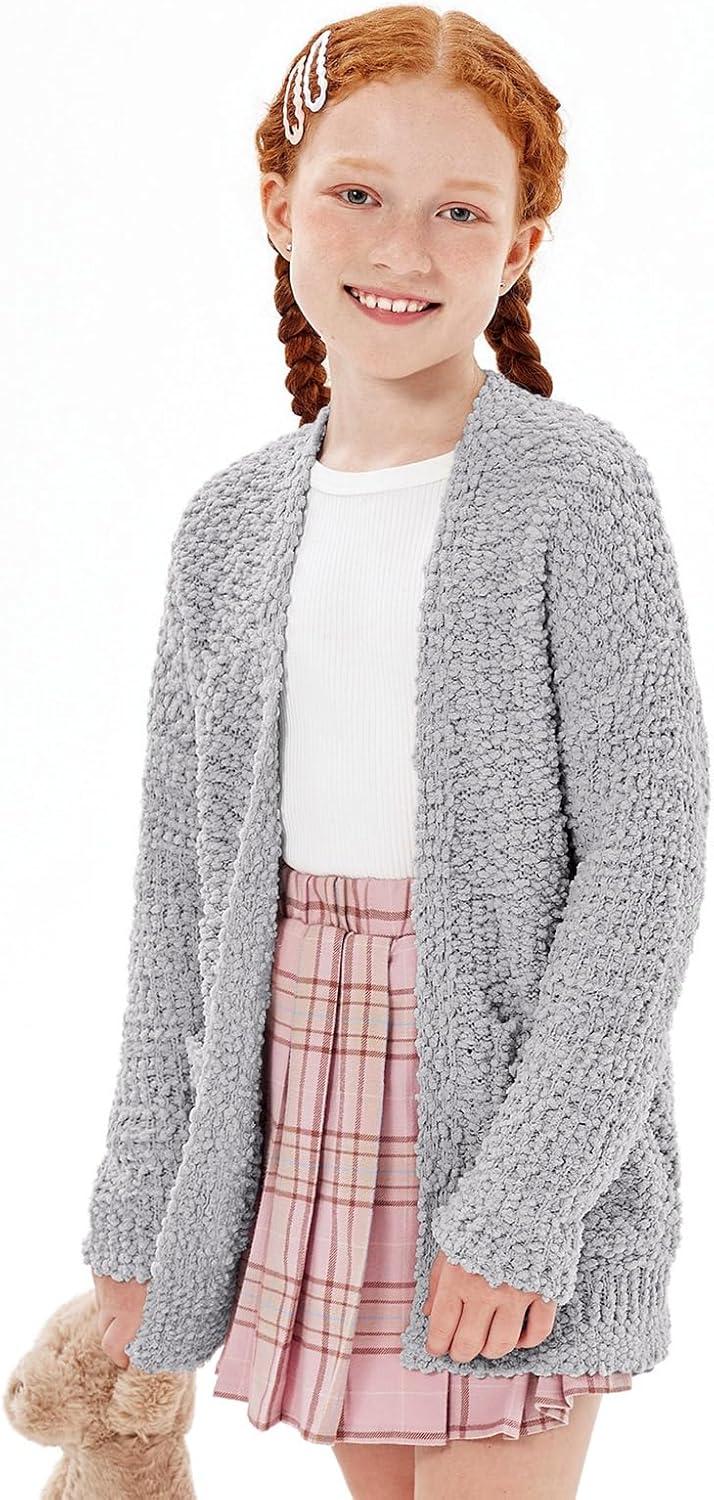 imageImily Bela Girls Cardigan Open Front Popcorn Knit Long Sleeve Sweaters Coat with PocketsGrey