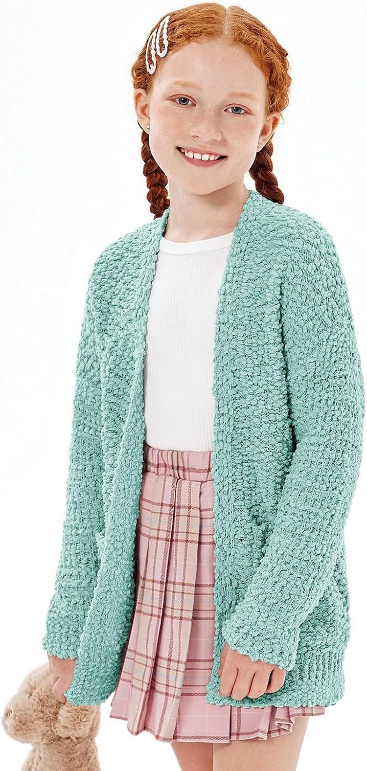 imageImily Bela Girls Cardigan Open Front Popcorn Knit Long Sleeve Sweaters Coat with PocketsLight Green
