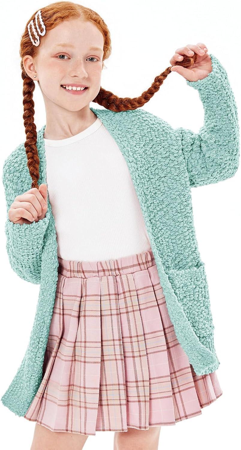 imageImily Bela Girls Cardigan Open Front Popcorn Knit Long Sleeve Sweaters Coat with PocketsLight Green