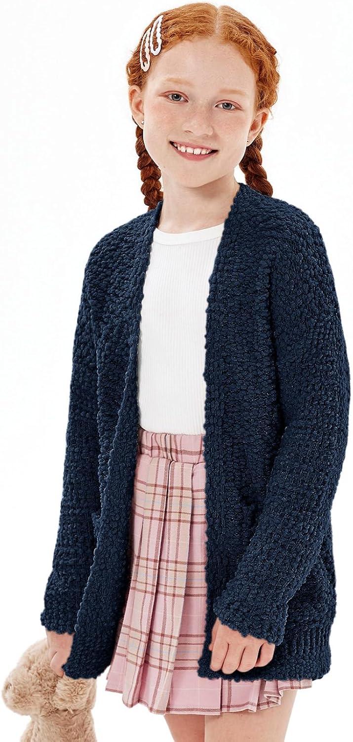 imageImily Bela Girls Cardigan Open Front Popcorn Knit Long Sleeve Sweaters Coat with PocketsNavy Blue