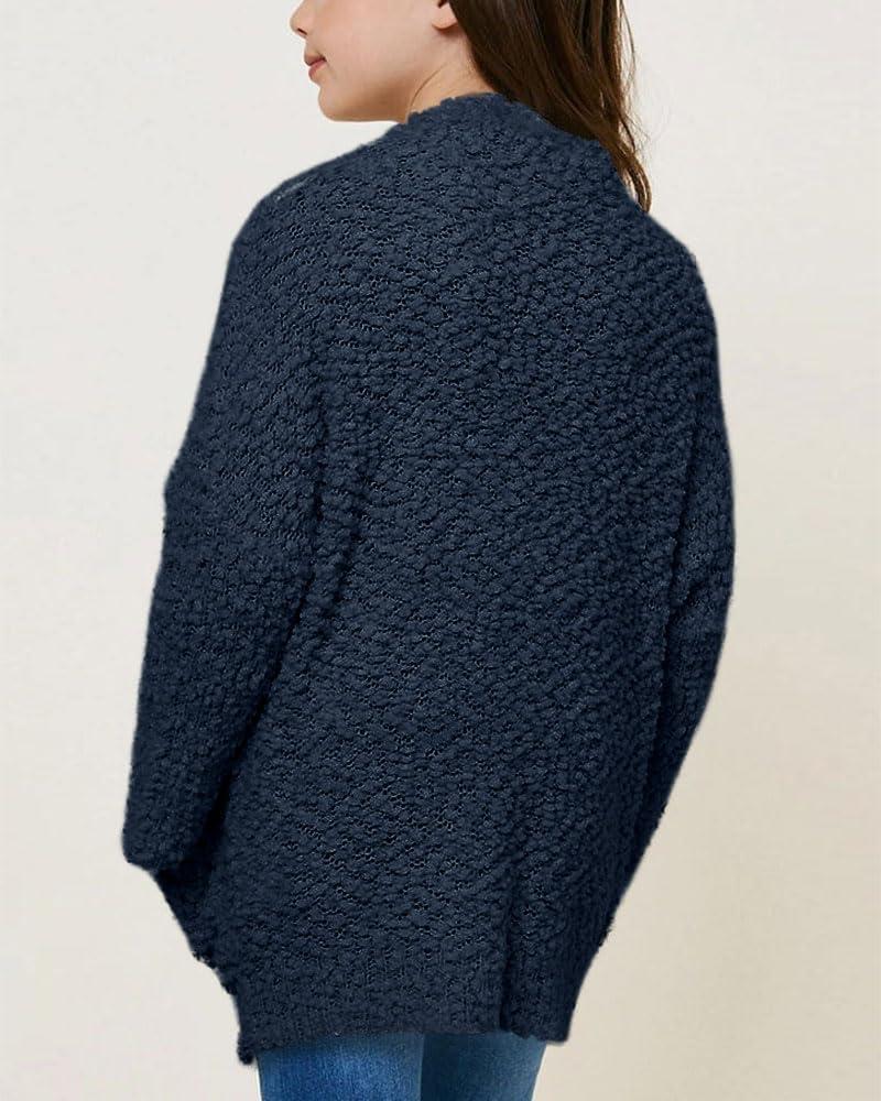 imageImily Bela Girls Cardigan Open Front Popcorn Knit Long Sleeve Sweaters Coat with PocketsNavy Blue