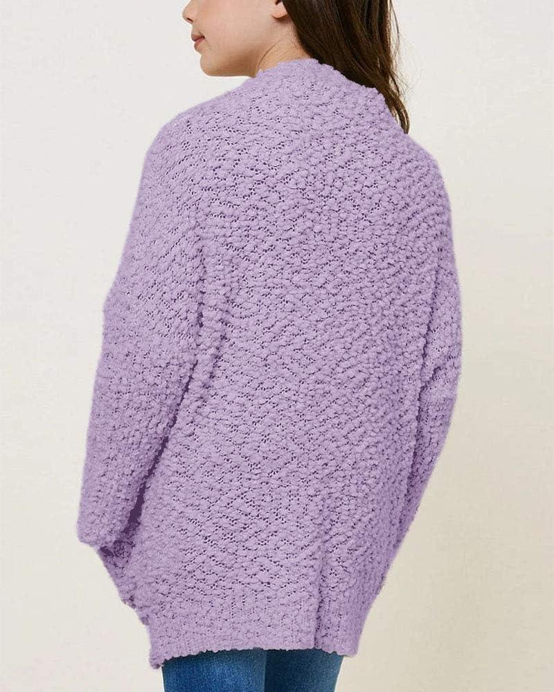 imageImily Bela Girls Cardigan Open Front Popcorn Knit Long Sleeve Sweaters Coat with PocketsPurple