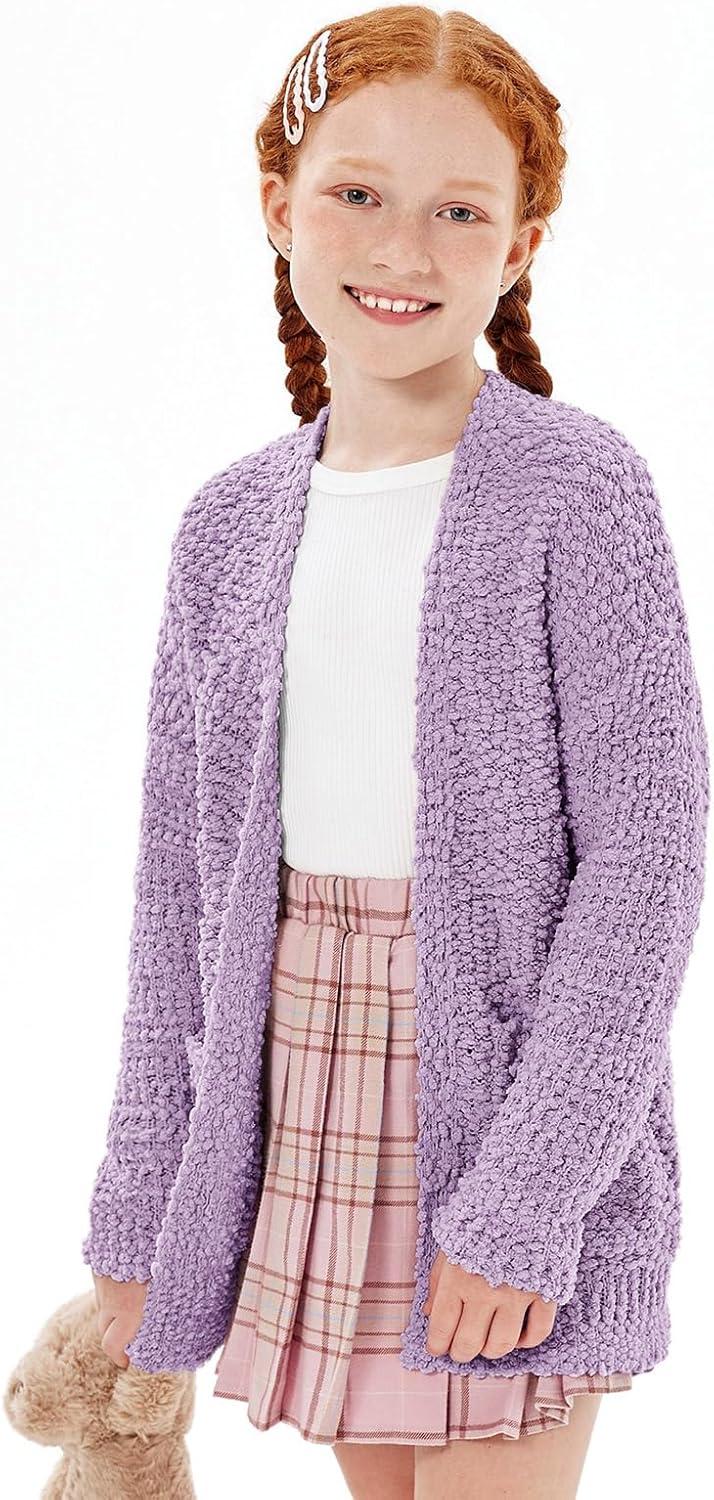imageImily Bela Girls Cardigan Open Front Popcorn Knit Long Sleeve Sweaters Coat with PocketsPurple