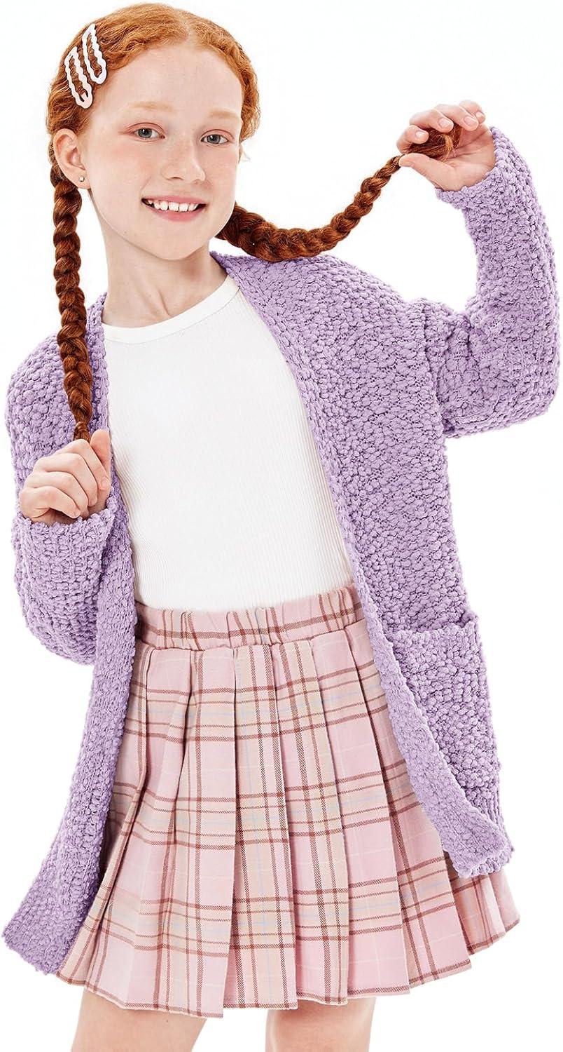 imageImily Bela Girls Cardigan Open Front Popcorn Knit Long Sleeve Sweaters Coat with PocketsPurple