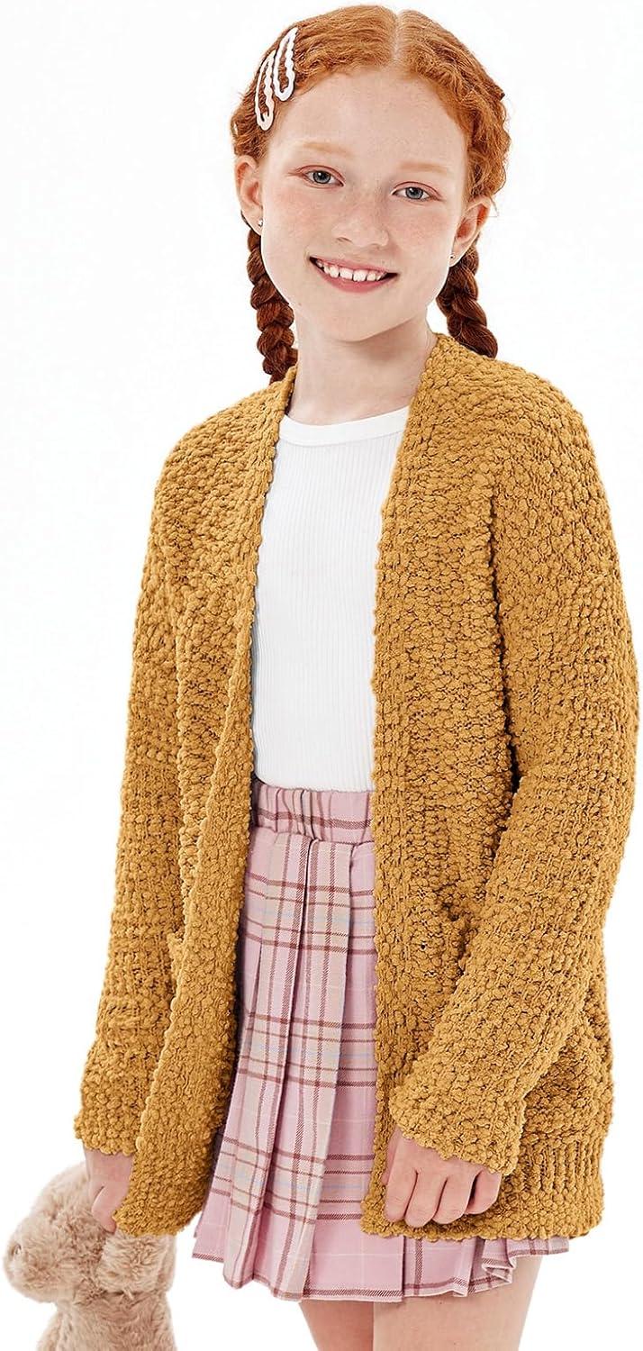 imageImily Bela Girls Cardigan Open Front Popcorn Knit Long Sleeve Sweaters Coat with PocketsYellow2