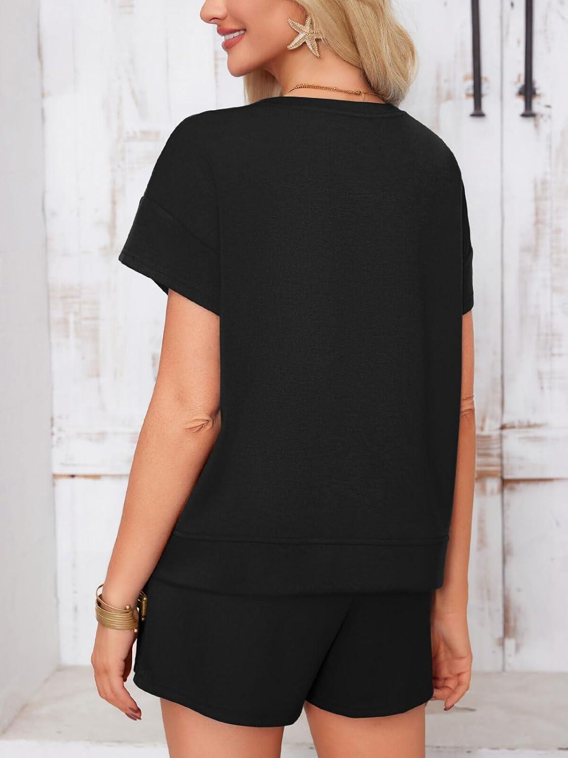 imageImily Bela Womens 2 Piece Lounge Sets Summer Short Sleeve Tops and Shorts Set Airport Travel OutfitsBlack