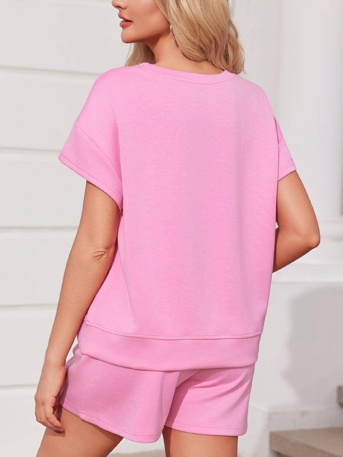 imageImily Bela Womens 2 Piece Lounge Sets Summer Short Sleeve Tops and Shorts Set Airport Travel OutfitsPink