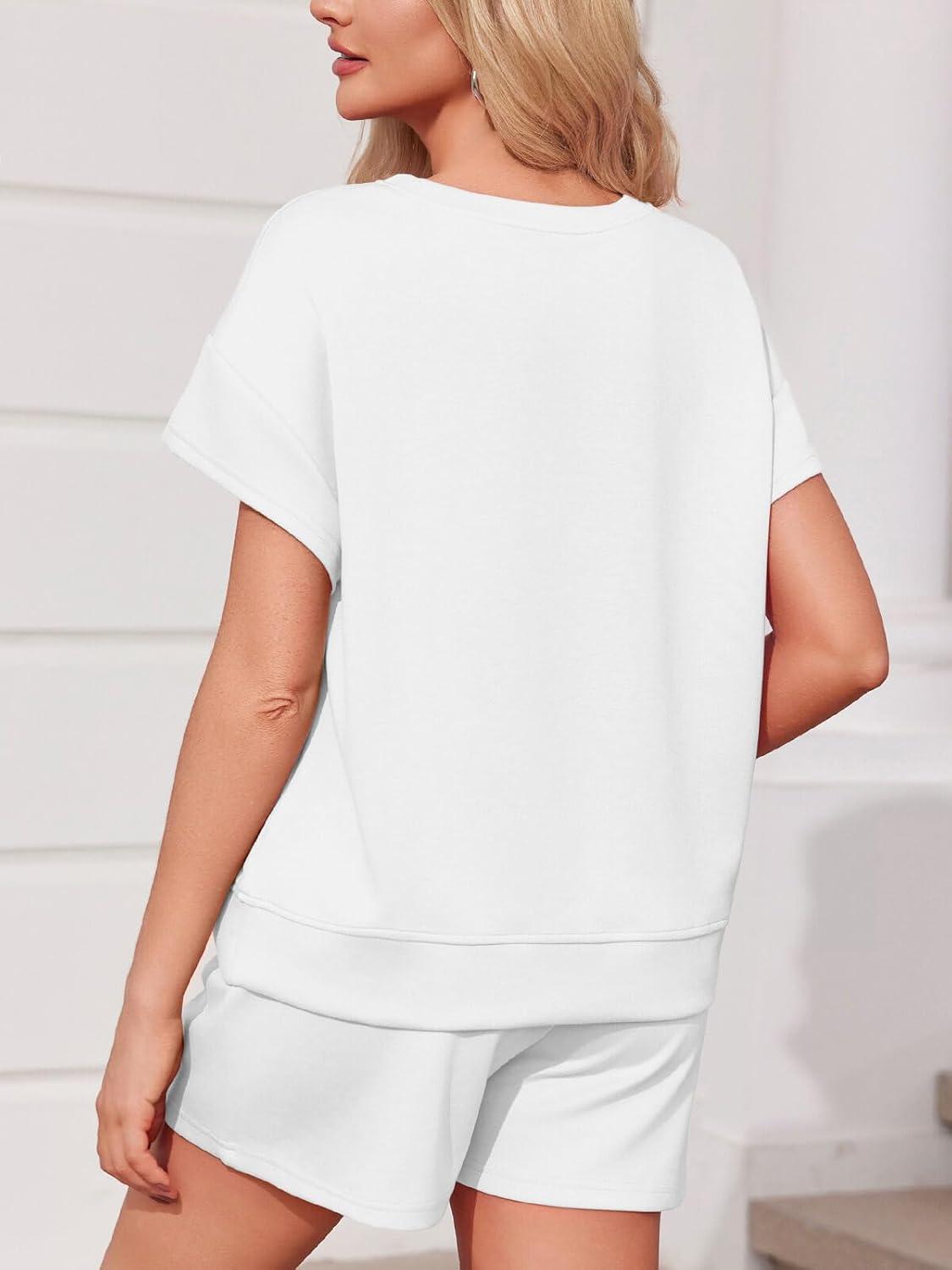 imageImily Bela Womens 2 Piece Lounge Sets Summer Short Sleeve Tops and Shorts Set Airport Travel OutfitsWhite