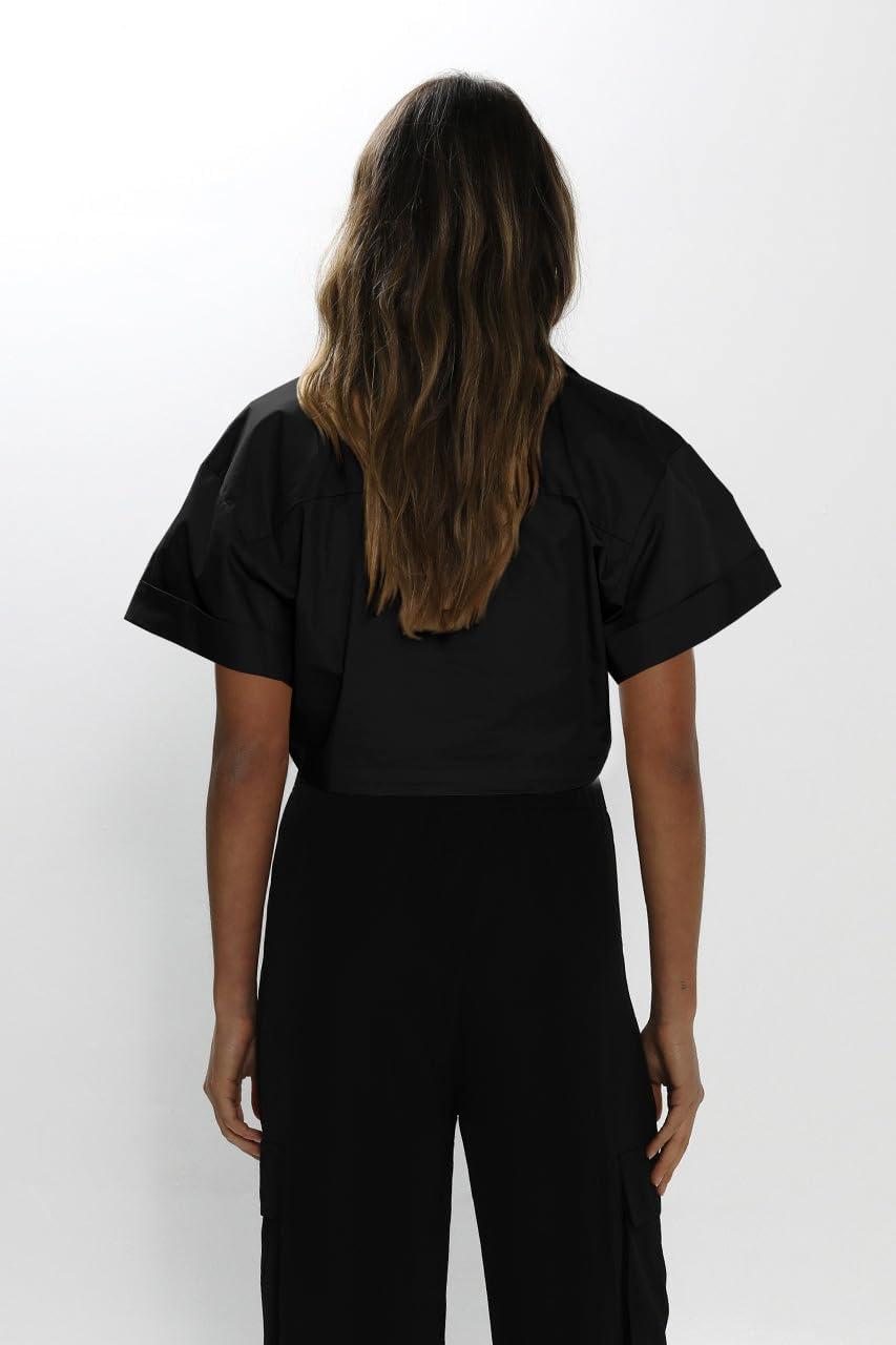 imageImily Bela Womens Cropped Shirts Summer V Neck Twist Front Tops Blouses with PocketsBlack