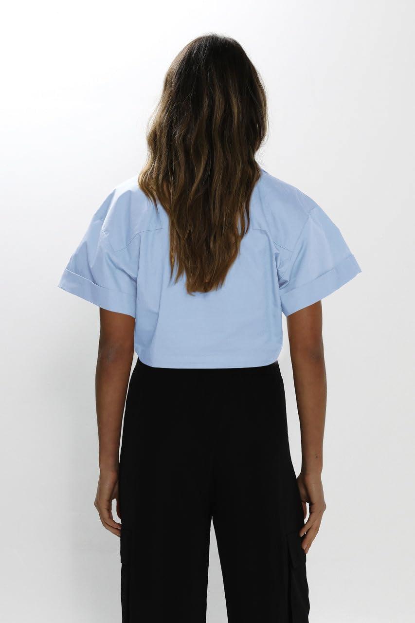 imageImily Bela Womens Cropped Shirts Summer V Neck Twist Front Tops Blouses with PocketsBlue