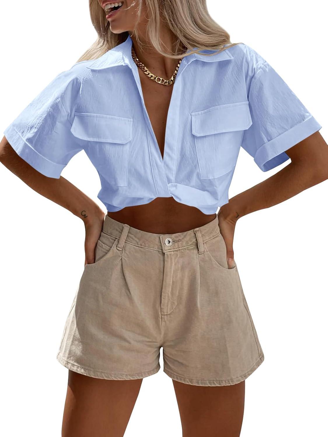 imageImily Bela Womens Cropped Shirts Summer V Neck Twist Front Tops Blouses with PocketsBlue