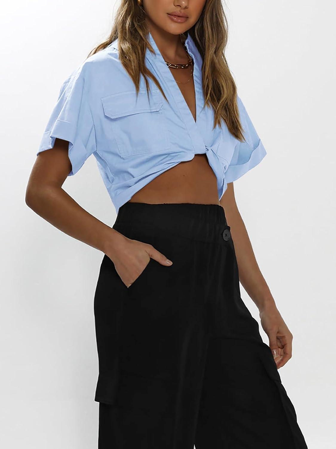 imageImily Bela Womens Cropped Shirts Summer V Neck Twist Front Tops Blouses with PocketsBlue