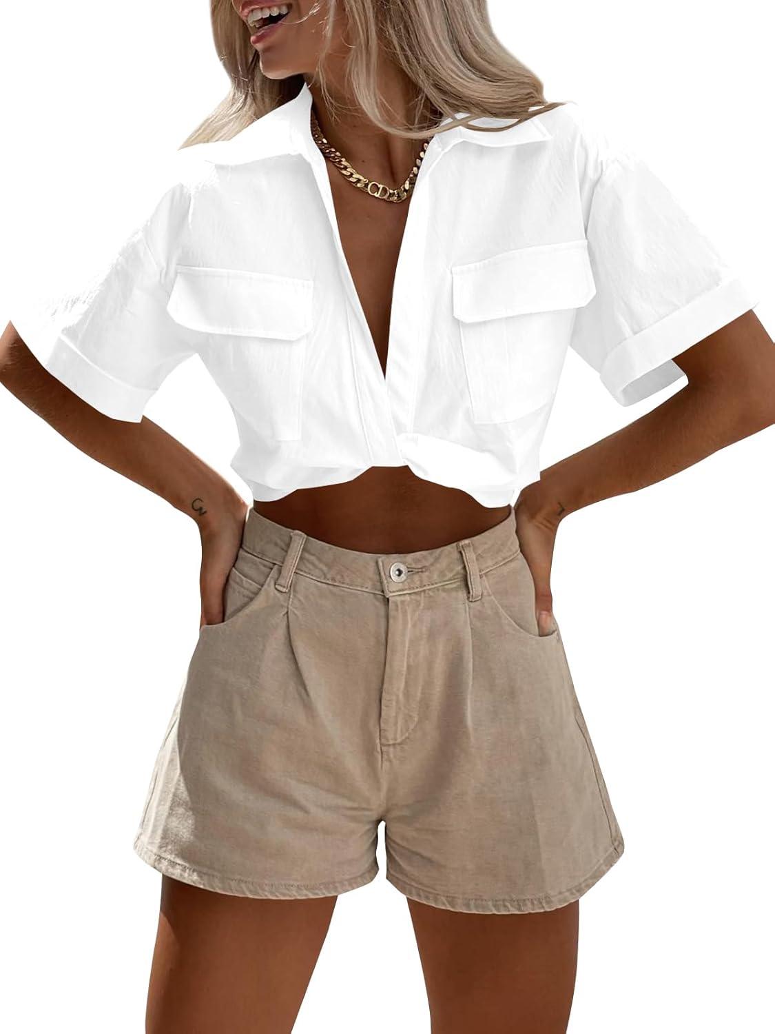 imageImily Bela Womens Cropped Shirts Summer V Neck Twist Front Tops Blouses with PocketsWhite