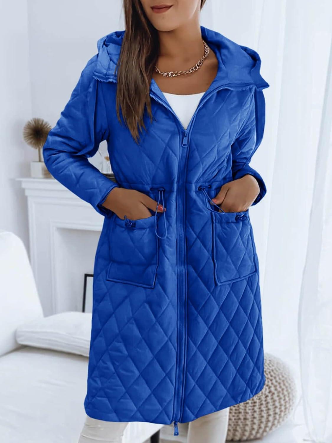 imageImily Bela Womens Long Quilted Jackets Zip Up Hooded Drawstring Waist Coats with PocketsBlue