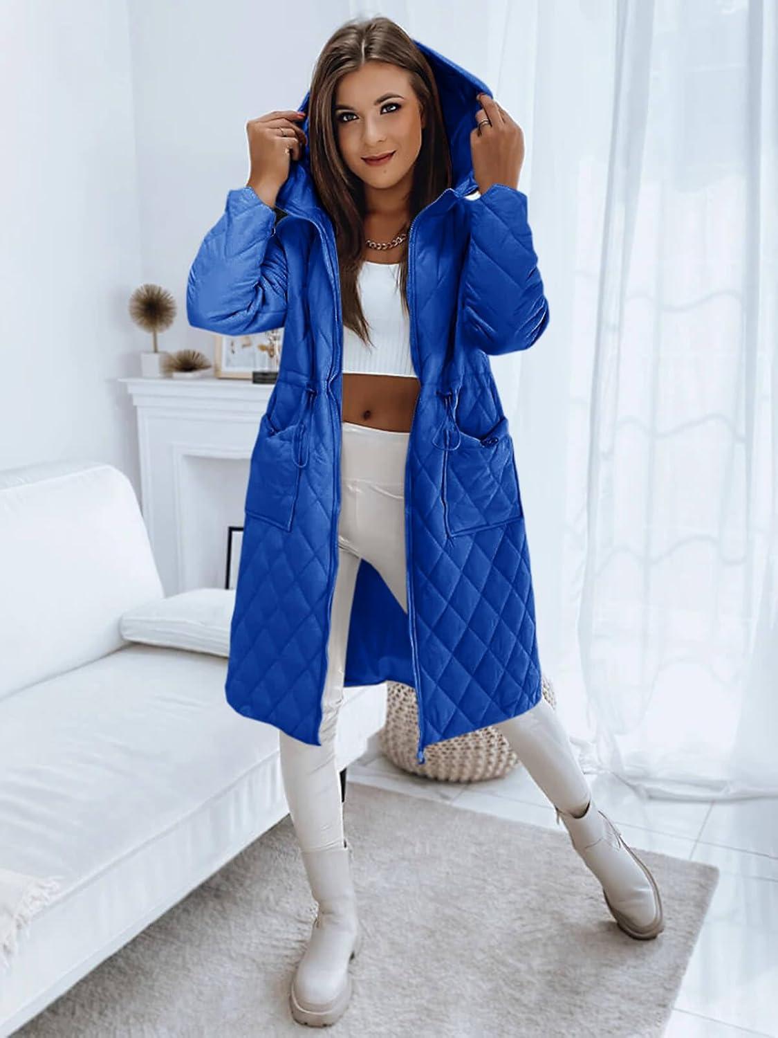 imageImily Bela Womens Long Quilted Jackets Zip Up Hooded Drawstring Waist Coats with PocketsBlue