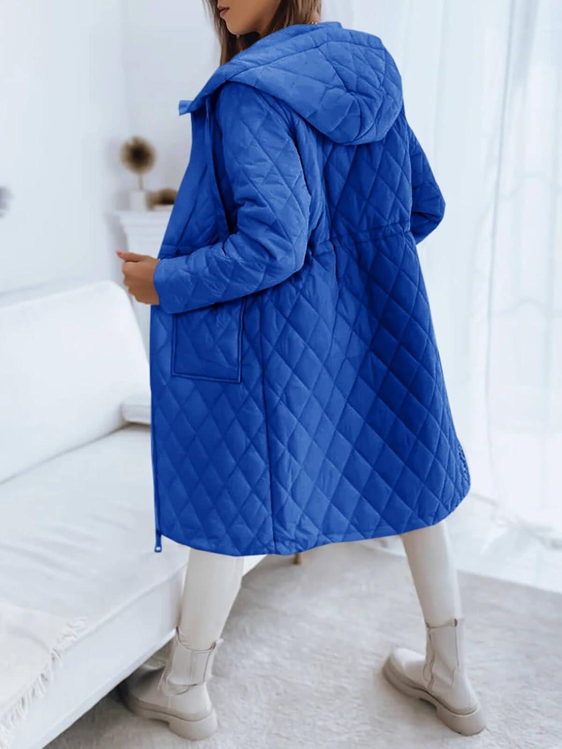 imageImily Bela Womens Long Quilted Jackets Zip Up Hooded Drawstring Waist Coats with PocketsBlue