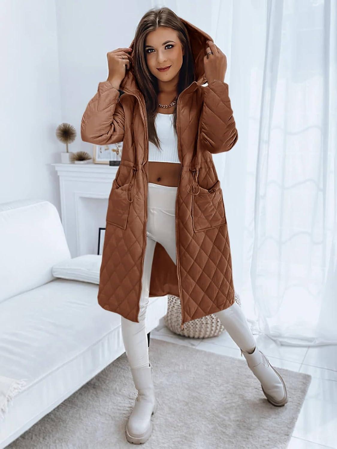 imageImily Bela Womens Long Quilted Jackets Zip Up Hooded Drawstring Waist Coats with PocketsBrown