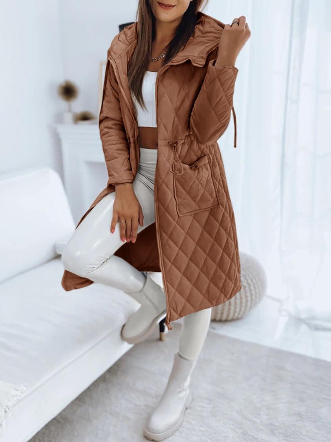 imageImily Bela Womens Long Quilted Jackets Zip Up Hooded Drawstring Waist Coats with PocketsBrown