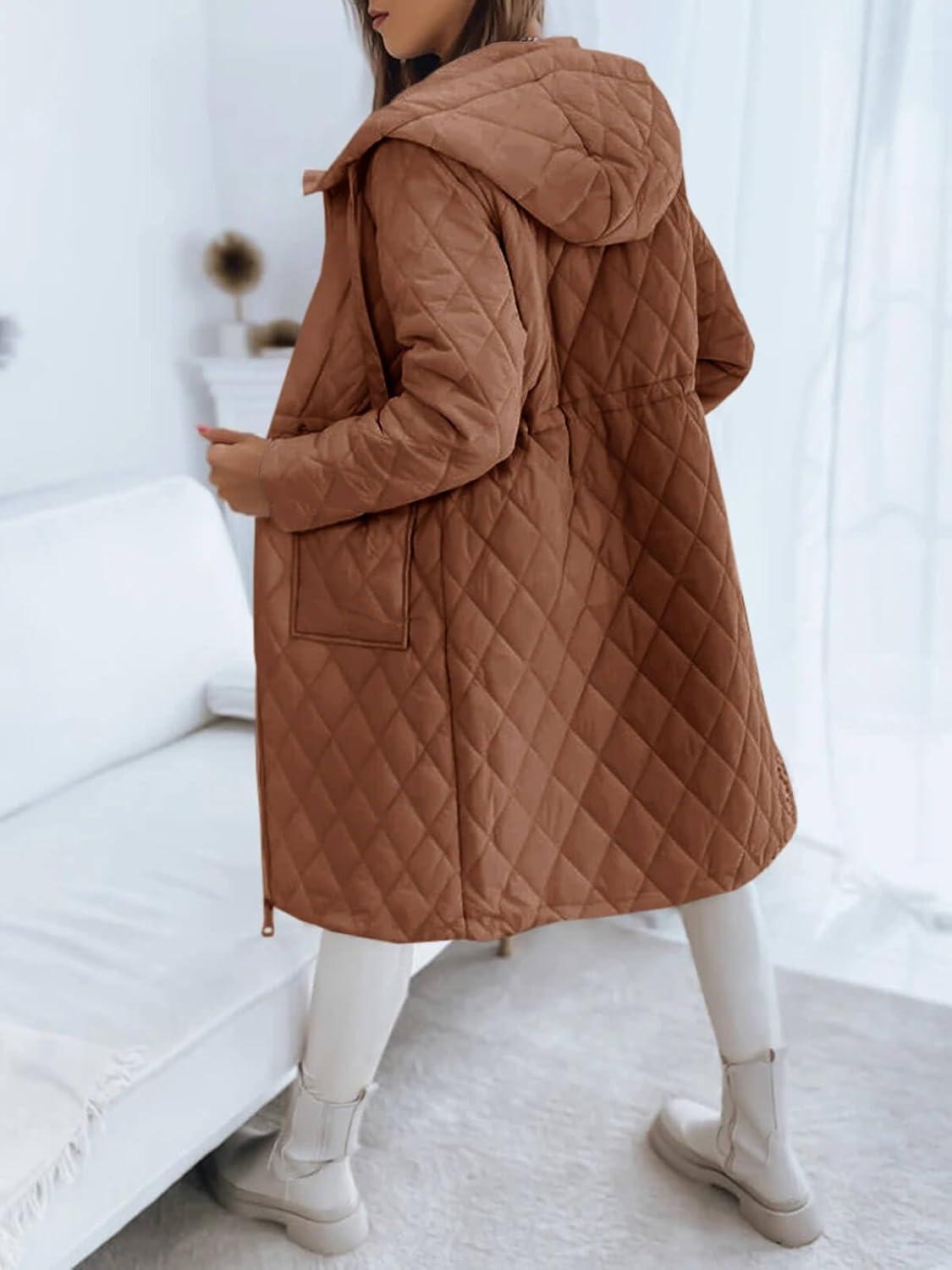 imageImily Bela Womens Long Quilted Jackets Zip Up Hooded Drawstring Waist Coats with PocketsBrown