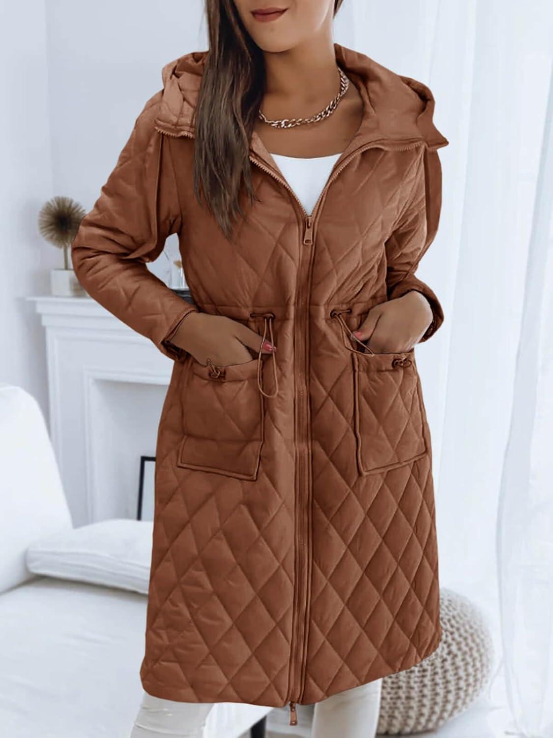 imageImily Bela Womens Long Quilted Jackets Zip Up Hooded Drawstring Waist Coats with PocketsBrown