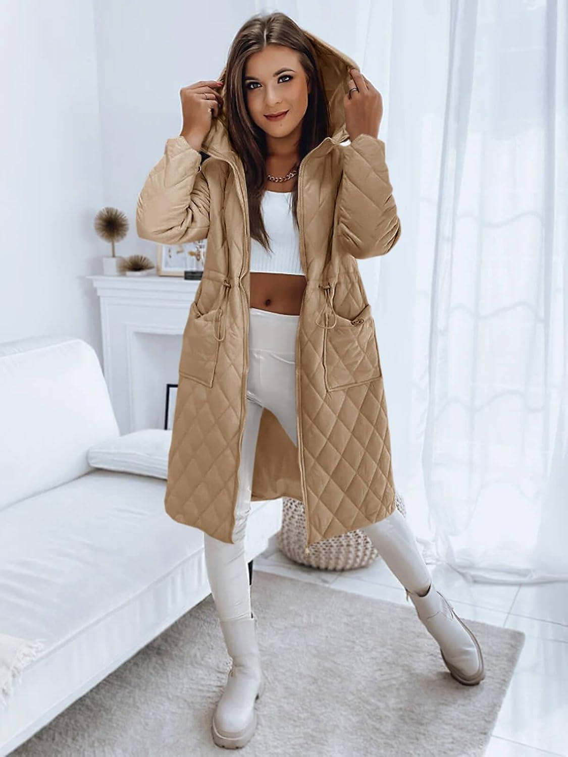 imageImily Bela Womens Long Quilted Jackets Zip Up Hooded Drawstring Waist Coats with PocketsDark Khaki