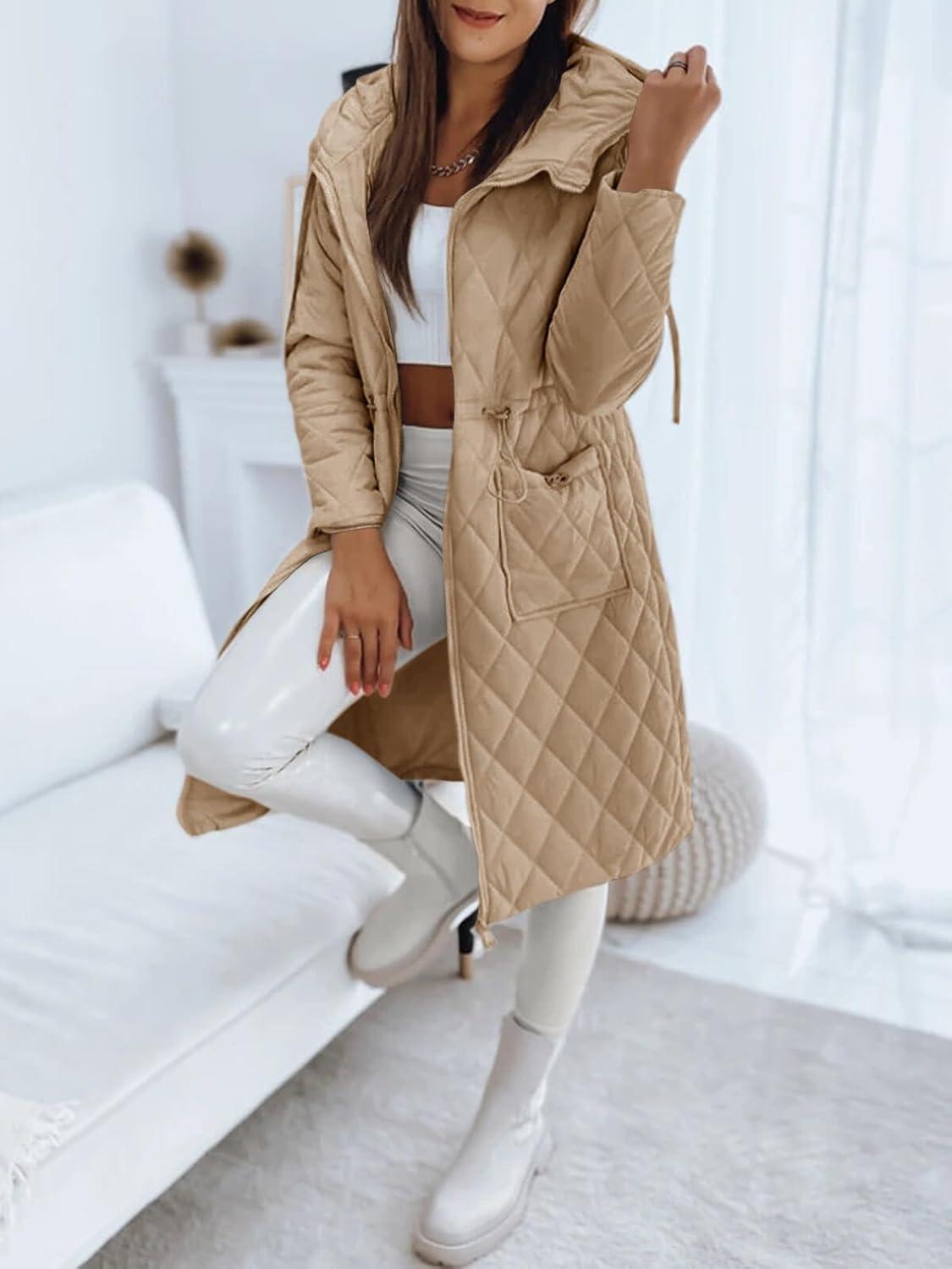 imageImily Bela Womens Long Quilted Jackets Zip Up Hooded Drawstring Waist Coats with PocketsDark Khaki