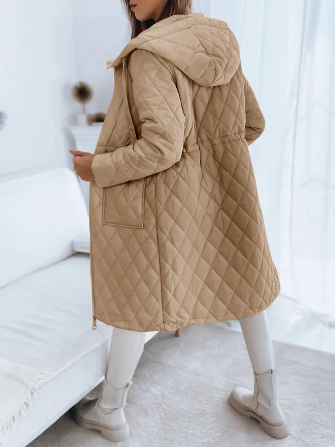imageImily Bela Womens Long Quilted Jackets Zip Up Hooded Drawstring Waist Coats with PocketsDark Khaki