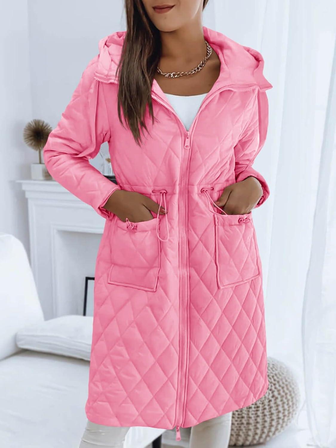 imageImily Bela Womens Long Quilted Jackets Zip Up Hooded Drawstring Waist Coats with PocketsPink